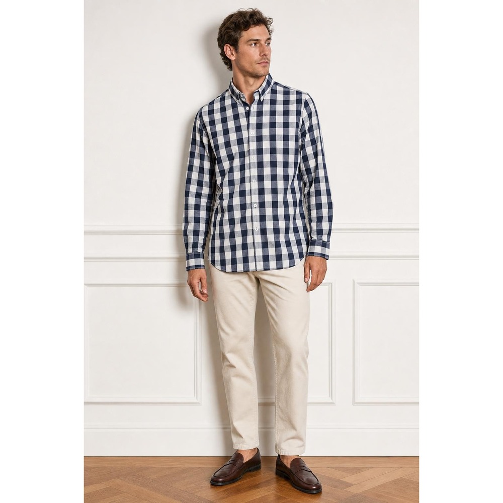 Cactus Man Button Down Shirt Mens L Navy‎ White Gingham Check Preppy Minimalist